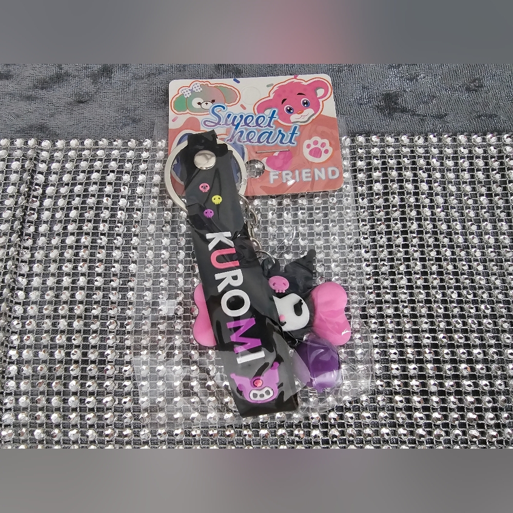 Sanrio Kuromi Keychain w/Little Bell & Silicone Band BLACK/PINK-NEW